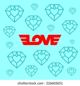 Love logotype with wings. Background with diamond hearts.