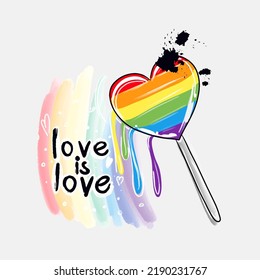 Love is love. Lollipop, watercolor background, paint splatter, lgbt pride, gay pride, rainbow flag, lgbt vector quote