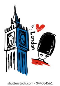 I love London big ben and British Royal Guard Soldier design isolated on white