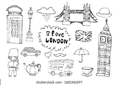 I love london doodle. Hand drawn design vector illustration.