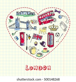 Love London. Dotted heart filled with colored doodles associated with english capital drawn on squared paper vector illustration. Memories about Europe journey. Sketched with pen British related icons
