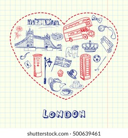 Love London. Dotted heart filled with doodles associated with english capital drawn on squared paper vector illustration. Memories about Europe journey. Sketched with pen British related icons