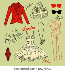 I love London Fashion! fashion background with a dress, shoes, bag and accessories