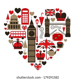Love London heart symbol with icons set isolated vector illustration
