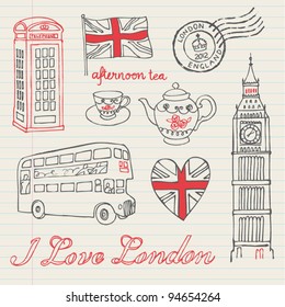 I love London icons doodles drawing background set svg