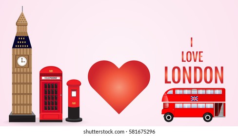 I love London sign with london red bus, English Red telephone box, Big Ben, red post mail and heart in England UK.