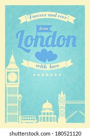 Love London vintage retro poster with big ben bridge and flyer vector illustration