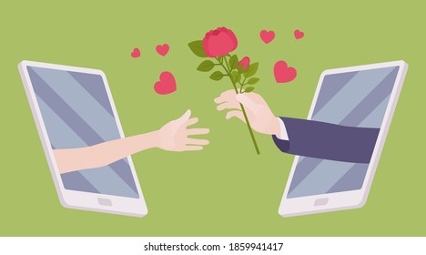 Love, long distance romantic relationship via tablet screen. Male hand giving flowers to a girlfriend or female friend, order bouquets online, delivery service. Vector flat style cartoon illustration