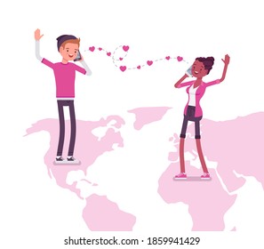 Love, long distance romantic relationship for boy, black girl. Separated young people communicate by phone calls, smartphone dating, chatting. Vector flat style cartoon illustration on map silhouette