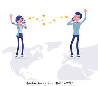 Love and long distance romantic relationship for man, woman. Separated young people communicate by phone calls, smartphone dating, chatting. Vector flat style cartoon illustration on map silhouette