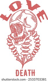 love and loss. The bones and skulls are rendered in delicate line art, creating a sense of both beauty and fragility. The words "love death" are written in a bold and contrasting font. 