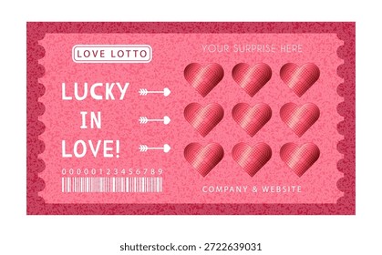 Liebe Lotto Rubbelkarte Vorlage mit Herzen für Überraschungsgeschenke. Grafikdesign für Valentinstag Geschenke, Jubiläen, Hochzeiten, Daten oder Bachelorette Party Gefälligkeiten. Handgezeichnete Vektorgrafik.