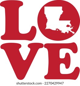 LOVE Louisiana State Red Outline Vector Graphic Illustration Isolated