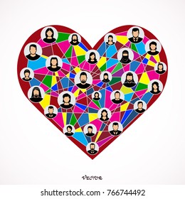 Love, lovers and social network concept with colored  heart connected by lines on white background.