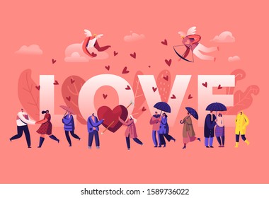 Love and Loving Relations Concept. Cheerful Men and Women Spend Time Together Holding Hands and Rejoice with Cupids Shooting to Hearts Poster Banner Flyer Brochure. Cartoon Flat Vector Illustration