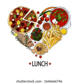 I love lunch: the food for lunch is laid out in the shape of a heart. Soup, French fries, pizza, sauces, fish, salad.  Vector drawing for menu design, postcards, covers.
