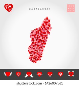 I Love Madagascar. Red and Pink Hearts Pattern Vector Map of Madagascar Isolated on Grey Background. Love Icon Set.