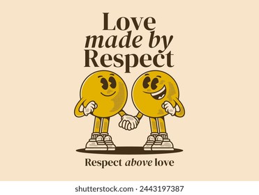 Love made by respect. Vintage mascot character of two ball head, in hand in hand pose