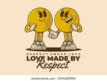 Love made by respect. Vintage mascot character of two ball head, in hand in hand pose