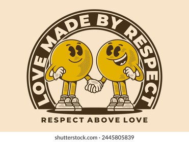 Love made by respect. Vintage mascot character of two ball head, in hand in hand pose