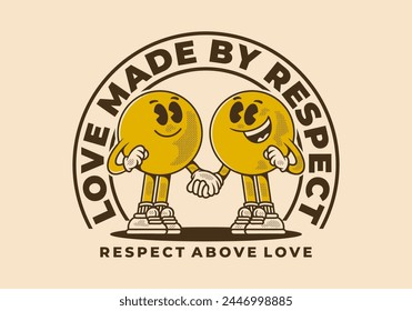 Love made by respect. Vintage mascot character of two ball head, in hand in hand pose