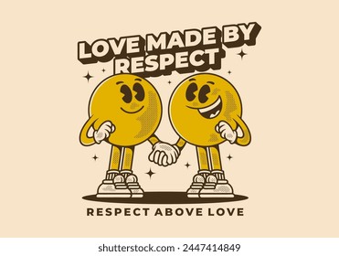 Love made by respect. Vintage mascot character of two ball head, in hand in hand pose