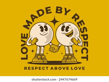 Love made by respect. Vintage mascot character of two ball head, in hand in hand pose