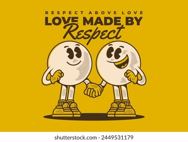 Love made by respect. Vintage mascot character of two ball head, in hand in hand pose