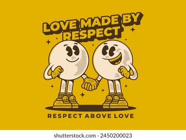Love made by respect. Vintage mascot character of two ball head, in hand in hand pose