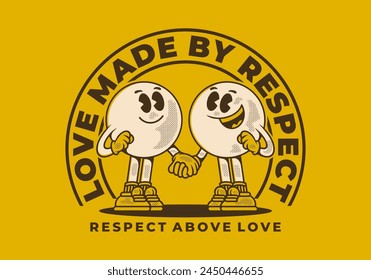 Love made by respect. Vintage mascot character of two ball head, in hand in hand pose