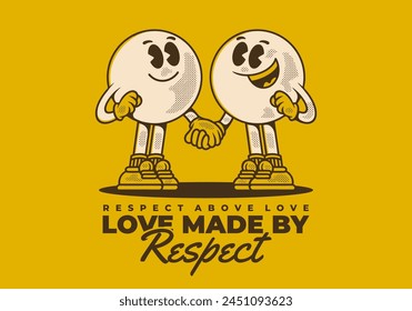 Love made by respect. Vintage mascot character of two ball head, in hand in hand pose
