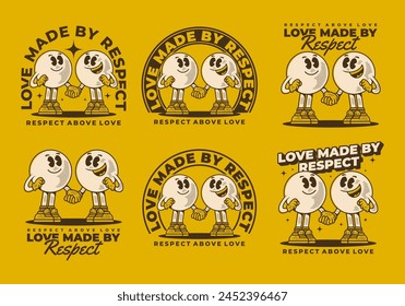 Love made by respect. Vintage mascot character of two ball head, in hand in hand pose