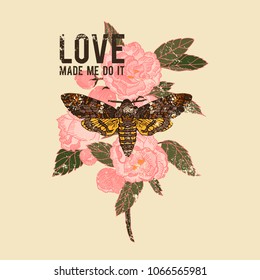 Love made me do it slogan. Butterfly with rose. Rock and roll girl patch. Typography graphic print, fashion drawing for t-shirts. Vector stickers,print, patches vintage