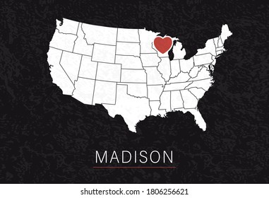 Love Madison Picture. Map of United States with Heart as City Point. Vector Stock Illustration