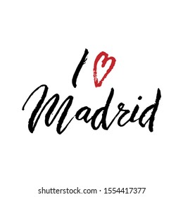 I love Madrid text logo. Travel design souvenir print. T-shirt, bag, postcard template. Vector eps 10. 