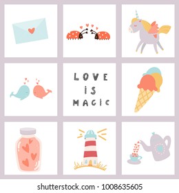 Love is magic. Hand drawn lettering and Valentine's Day signs. Stock vector