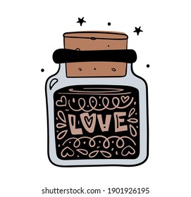 Love. Magic jar with love potion, boho style hand drawing, witch tattoo, tarot card. Vector sketch illustration isolated on white background