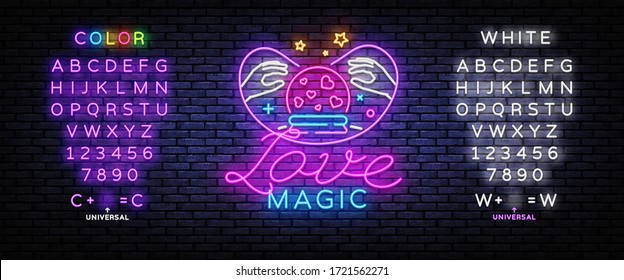 Love Magic neon sign vector. Love Concept Design template, light banner, night signboard, nightly bright advertising, light inscription. Vector illustration. Editing text neon sign.