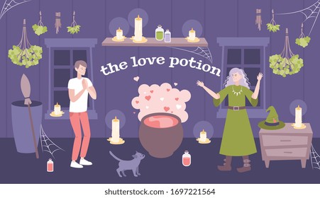 Poción hechizante de amor con aroma romántico de rosas de bruja verde composición plana ilustración vectorial 