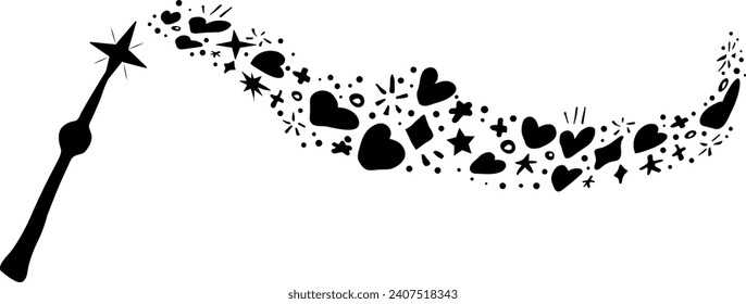 Me encanta el fondo de la varita mágica. Palo brillante Doodle. boceto dibujado a mano. Fondo del cielo nocturno, hechizo mágico de reparto, estrellas de hadas y destellos