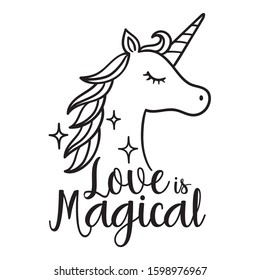 Love is Magical Unicorn Head Vector Illustration. Unicorn Face Side View.