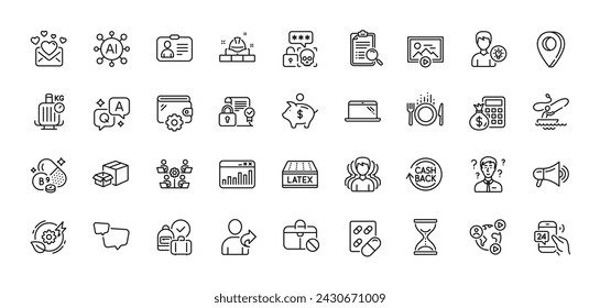 Love mail, 24h service and Capsule pill line icons pack. AI, Question and Answer, Map pin icons. Wallet, Boat fishing, Person idea web icon. Teamwork, Cashback, Food pictogram. Vector