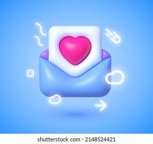 Me encanta el correo 3D Neon. Icono 3d con correo de amor rojo para el diseño de papel. Ilustración vectorial aislada