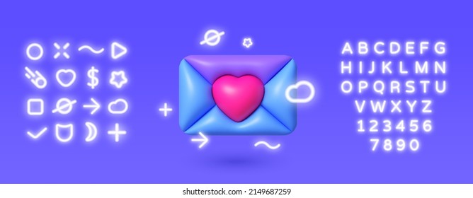 Love mail 3D Neon. 3d icon with red love mail for paper design. Isolated vector illustration