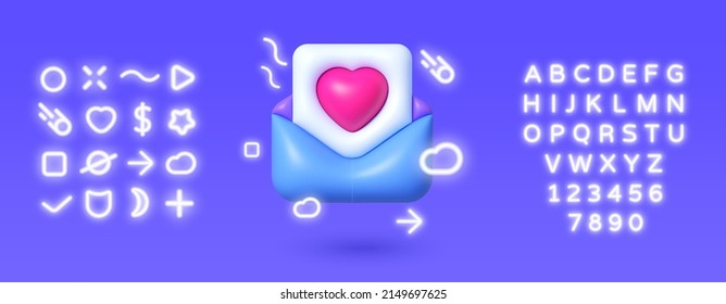 Me encanta el correo 3D Neon. Icono 3d con correo de amor rojo para el diseño de papel. Ilustración vectorial aislada