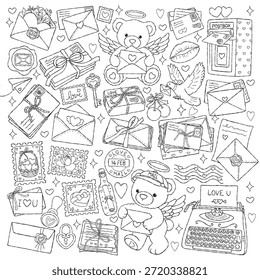 Vector de contorno de Colección de correo de amor, dibujado a mano Día de San Valentín Línea de correo de arte Doodle, página de colorear romántica de moda de San Valentín Diseño dibujado a mano 