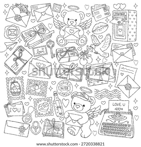 Love Mail Collection Outline Vector, Hand Drawn Valentine s Day Mail Line Art Doodle, Trendy Romantic Valentine Coloring Page Hand Drawn Design 