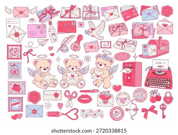 Vetor da coleção do correio do amor, mão desenhada Valentine s Day Mail Doodle, na moda romântica Valentine Hand Drawn Design Vetor