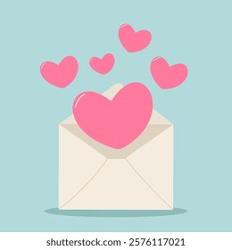 Love mail. Cute envelope with hearts. Valentine’s day card, illustration. Vector template, banner, background.