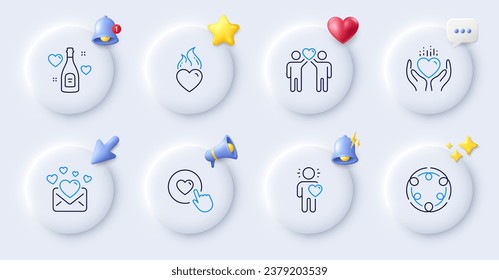 Love mail, Friends couple and Like button line icons. Buttons with 3d bell, chat speech, cursor. Pack of Inclusion, Heart flame, Hold heart icon. Friend, Love champagne pictogram. Vector